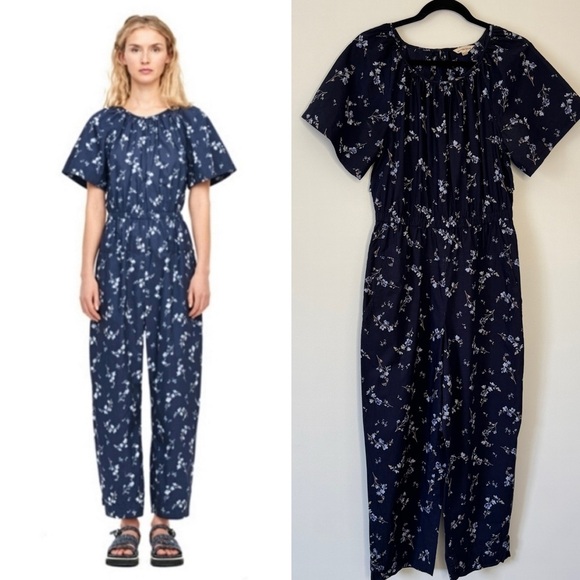 Rebecca Taylor Francine Floral Poplin Jumpsuit Cottage Farm Prairie Blue Sz 6 - Picture 1 of 16
